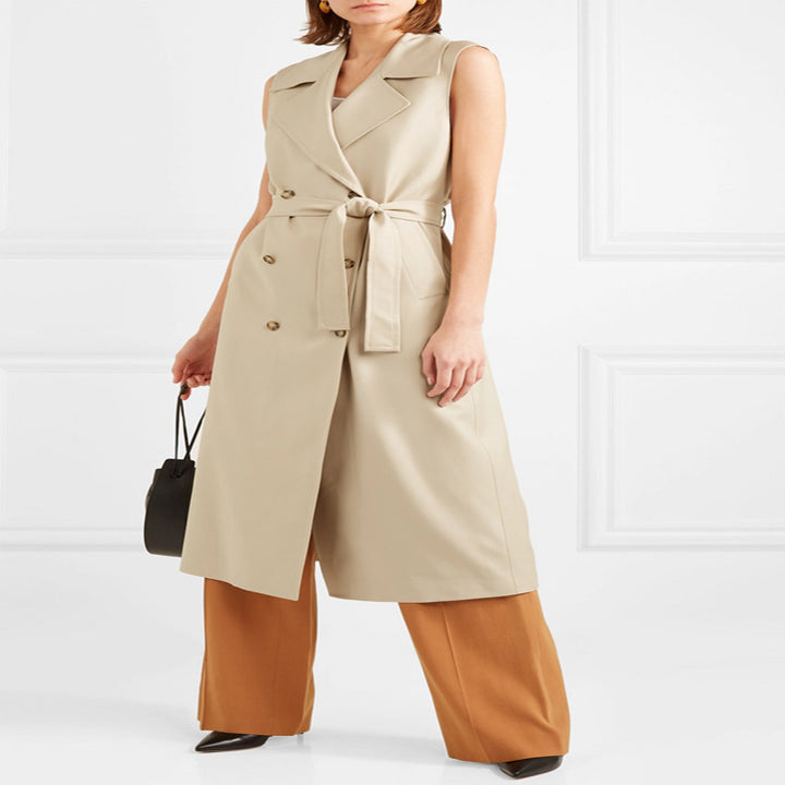 Women's sleeveless wrap trench coat made of cotton blend with double-breasted button placket and waist belt Mune Fashion