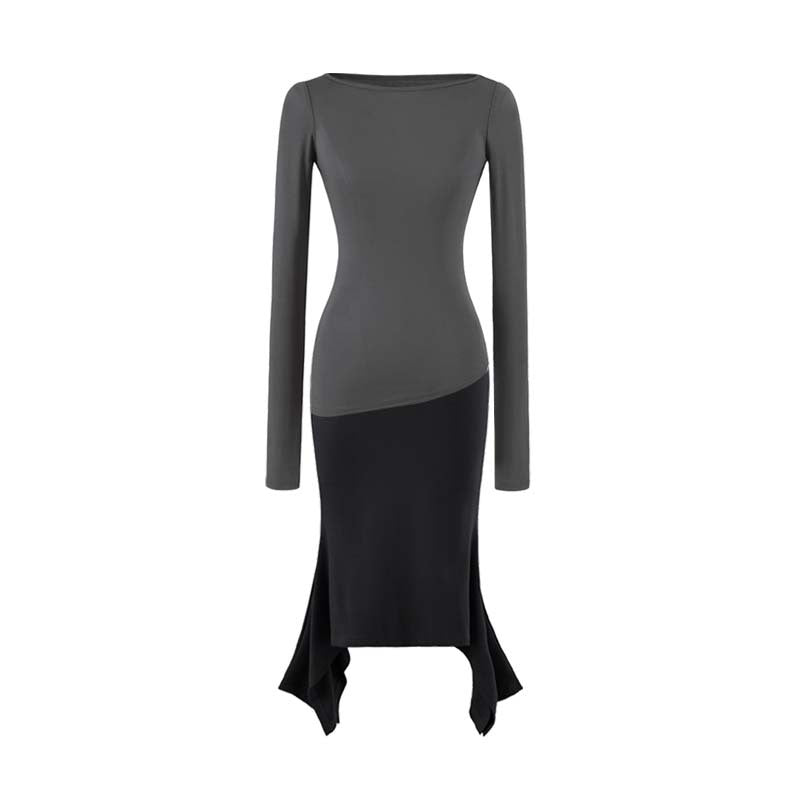 Women Figure-Hugging Midi Dress with Asymmetrical Hem and Panel Design Mune Fashion