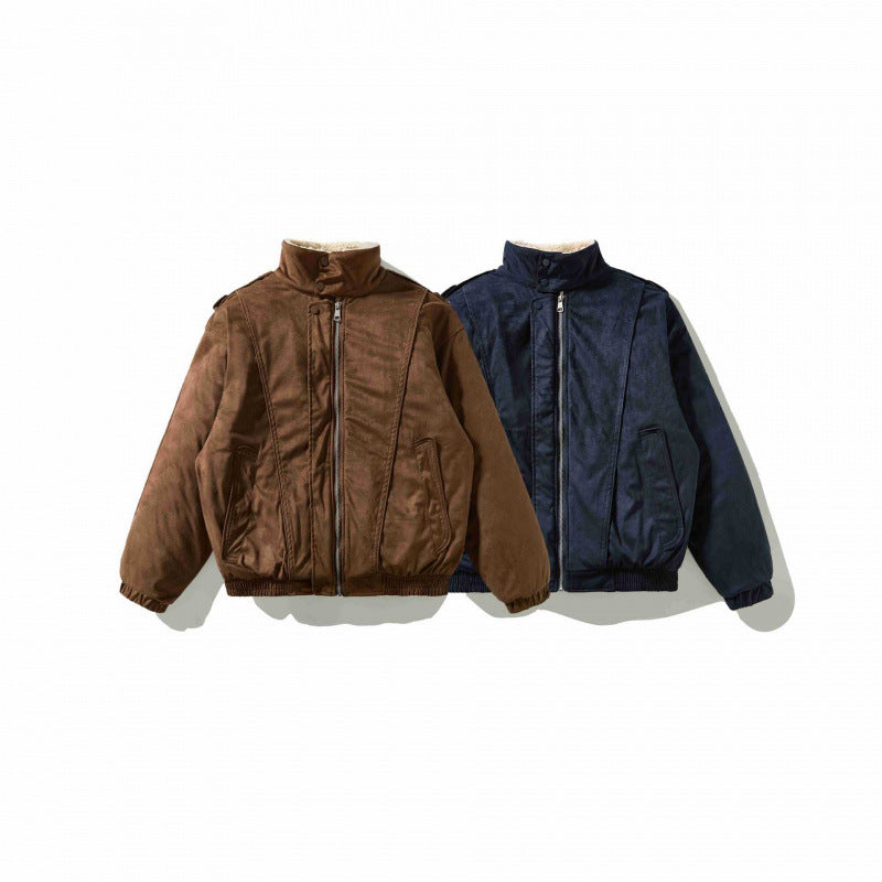Men's Velvet Leather Look Bomber Jacket with High Stand Collar and Teddy Lining Mune Fashion