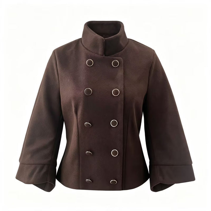 Women's short jacket in double-breasted with stand-up collar, tailored silhouette and bell sleeves Mune Fashion