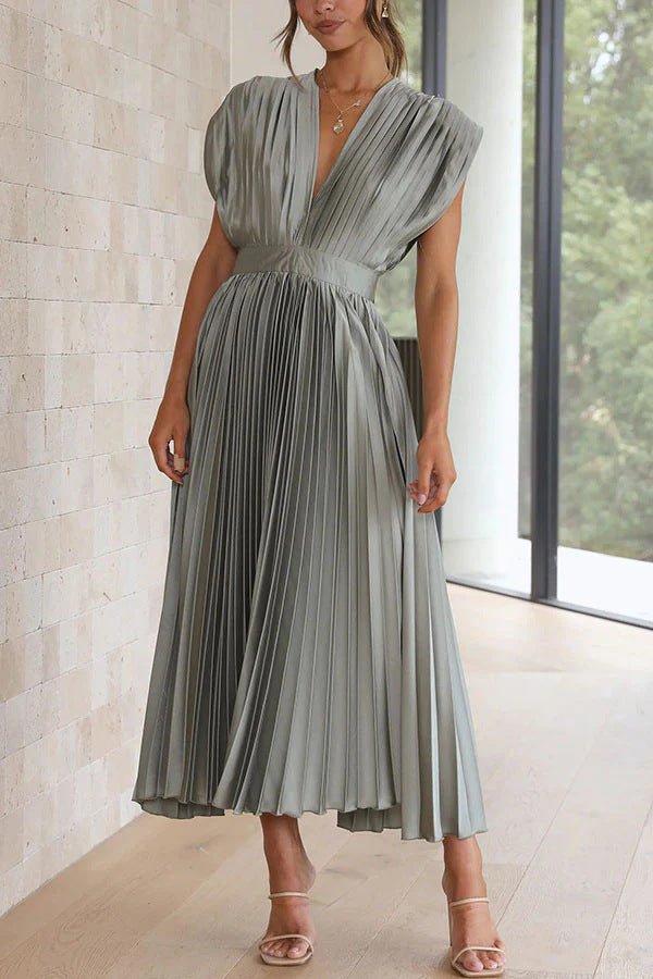 Women's Pleated Midi Dress with Deep V-Neck and Waist Belt Drune