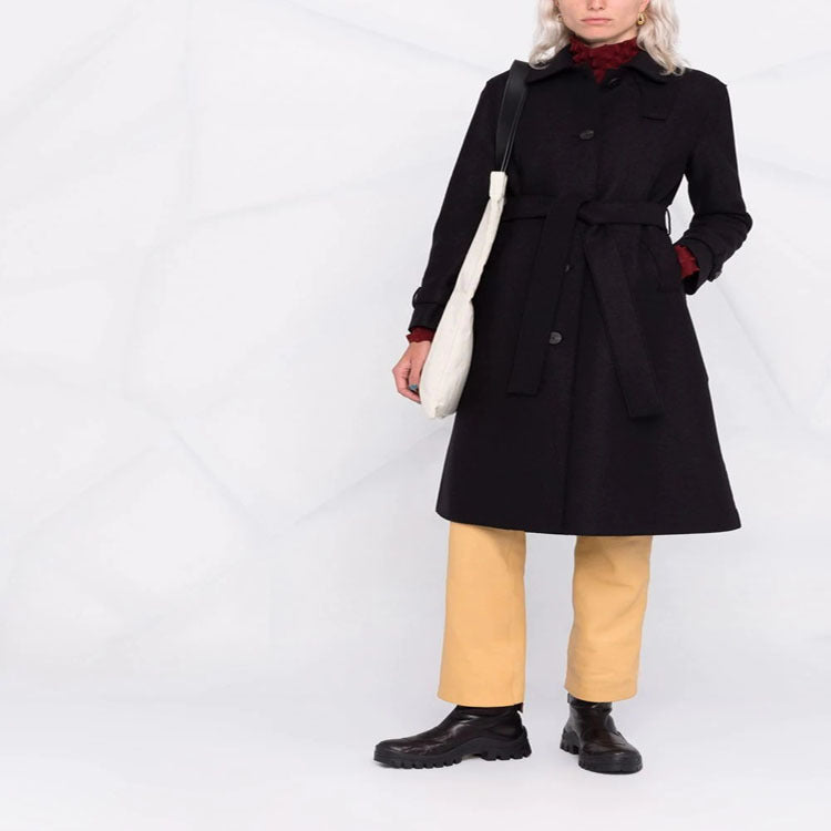 Women Tailored Wool Blend Coat with Tie Belt and A-Line Cut Mune Fashion