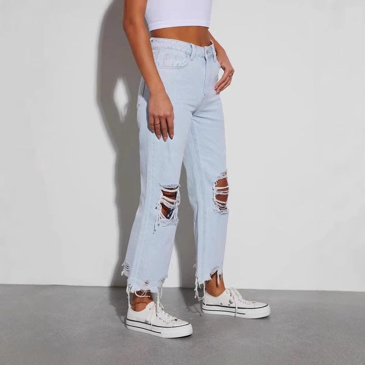 Women's nan cropped wide jeans with high waist, frayed hem and heavy knee ripping Mune Fashion