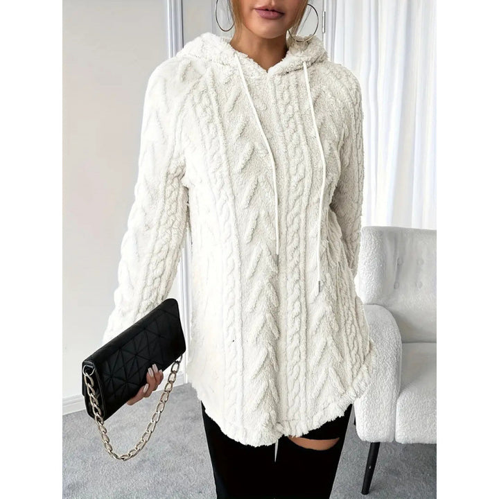 Women Cozy Teddy Hoodie with Cable Knit Pattern Drawstring and Rounded Hem Mune Fashion