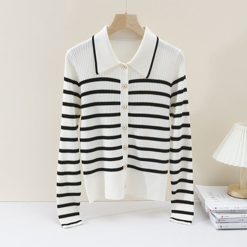Women’s marine-inspired ribbed knit cardigan with polo collar and decorative button placket Mune Fashion