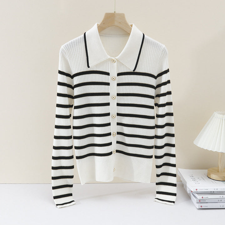 Women’s marine-inspired ribbed knit cardigan with polo collar and decorative button placket Mune Fashion