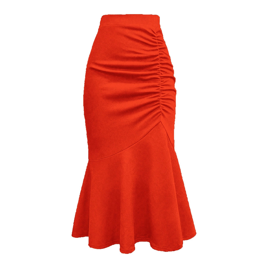Women's Tailored Midi Skirt with Side Ruching and Flared Ruffle Hem Mune Fashion