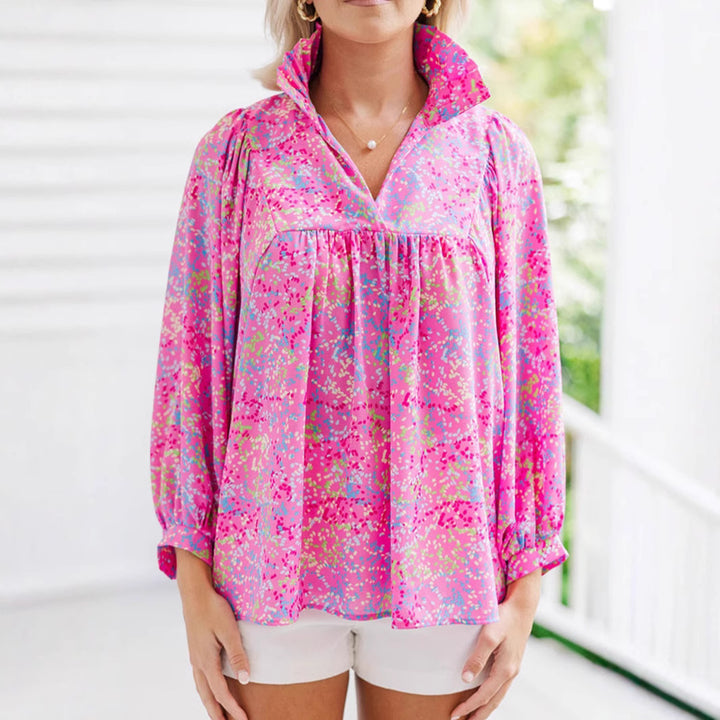 Women's Loose-Fit Floral Blouse with V-Neck and Gathered Yoke Mune Fashion