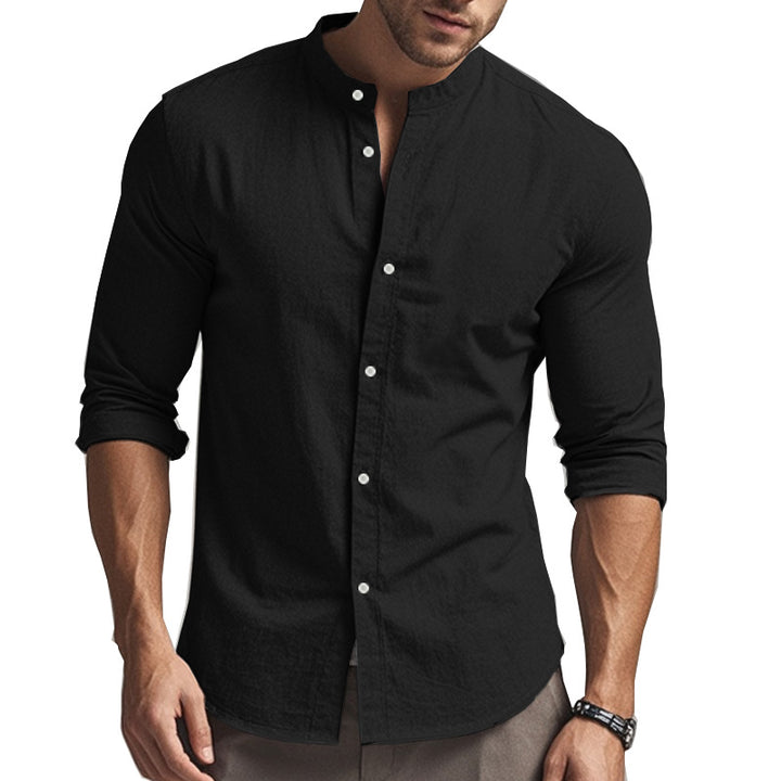Men's casual linen shirt with standing collar, full button placket and roll-up sleeves Mune Fashion