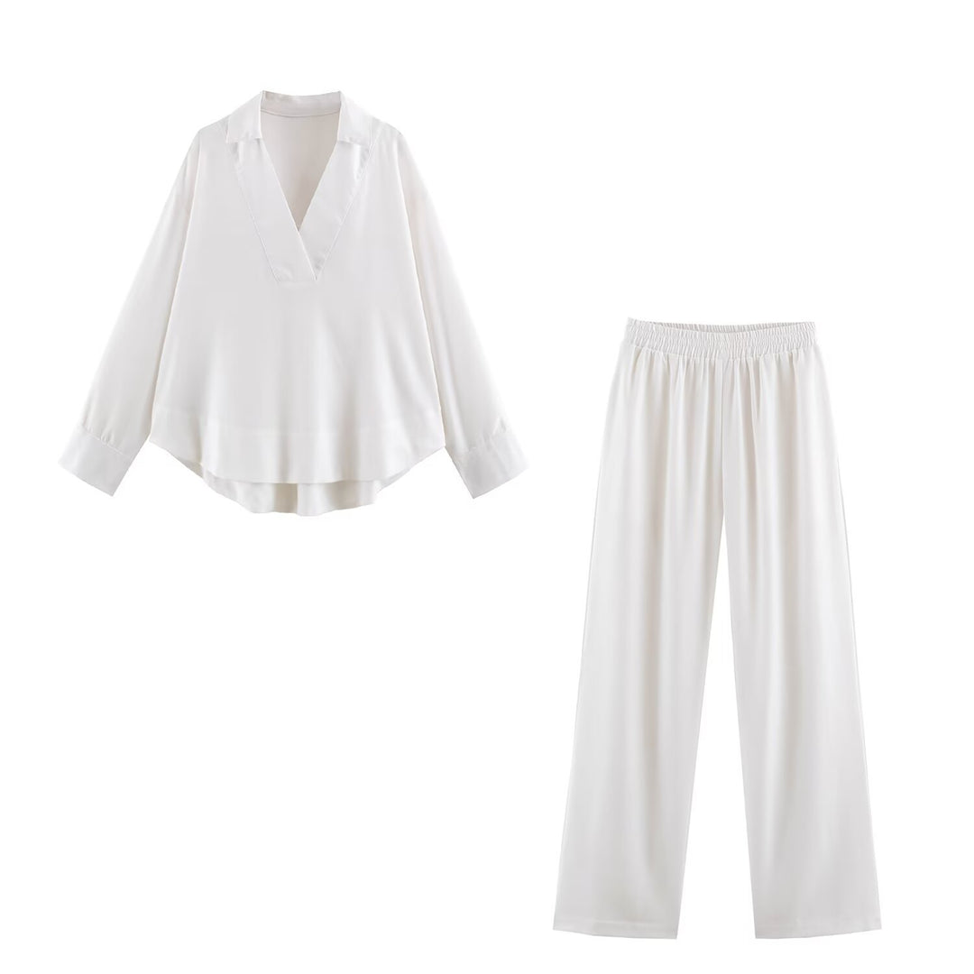 Women Oversize Linen-Mix Blouse with Deep V-Neck and Shirt Collar Mune Fashion