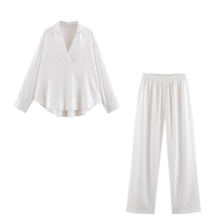 Women Oversize Linen-Mix Blouse with Deep V-Neck and Shirt Collar Mune Fashion