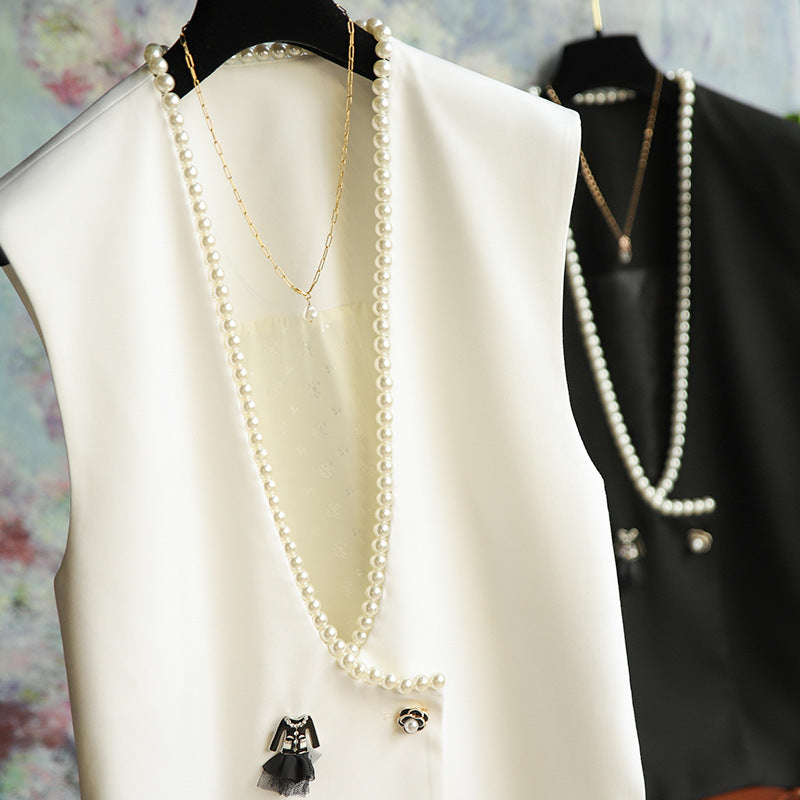 Women's Elegant Blazer Vest with Pearl Decoration Mune Fashion