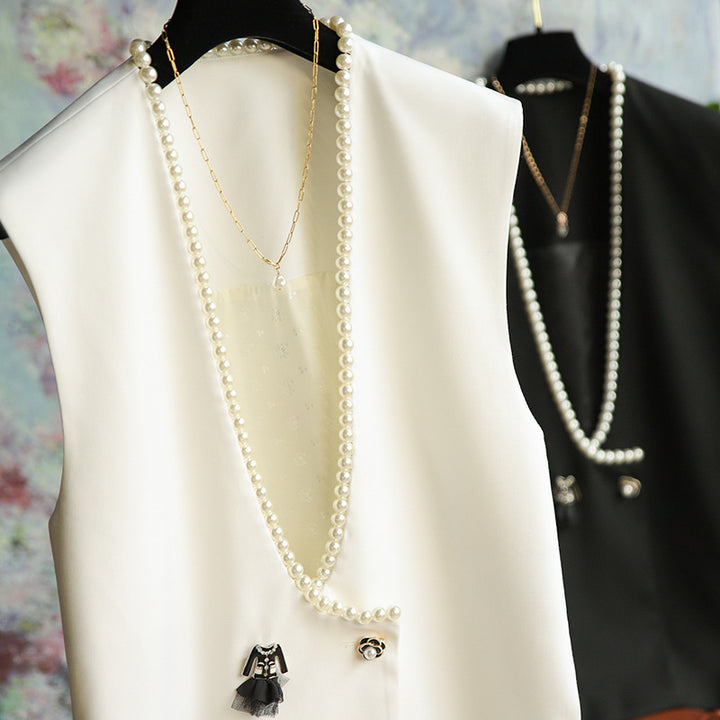 Women's Elegant Blazer Vest with Pearl Decoration Mune Fashion