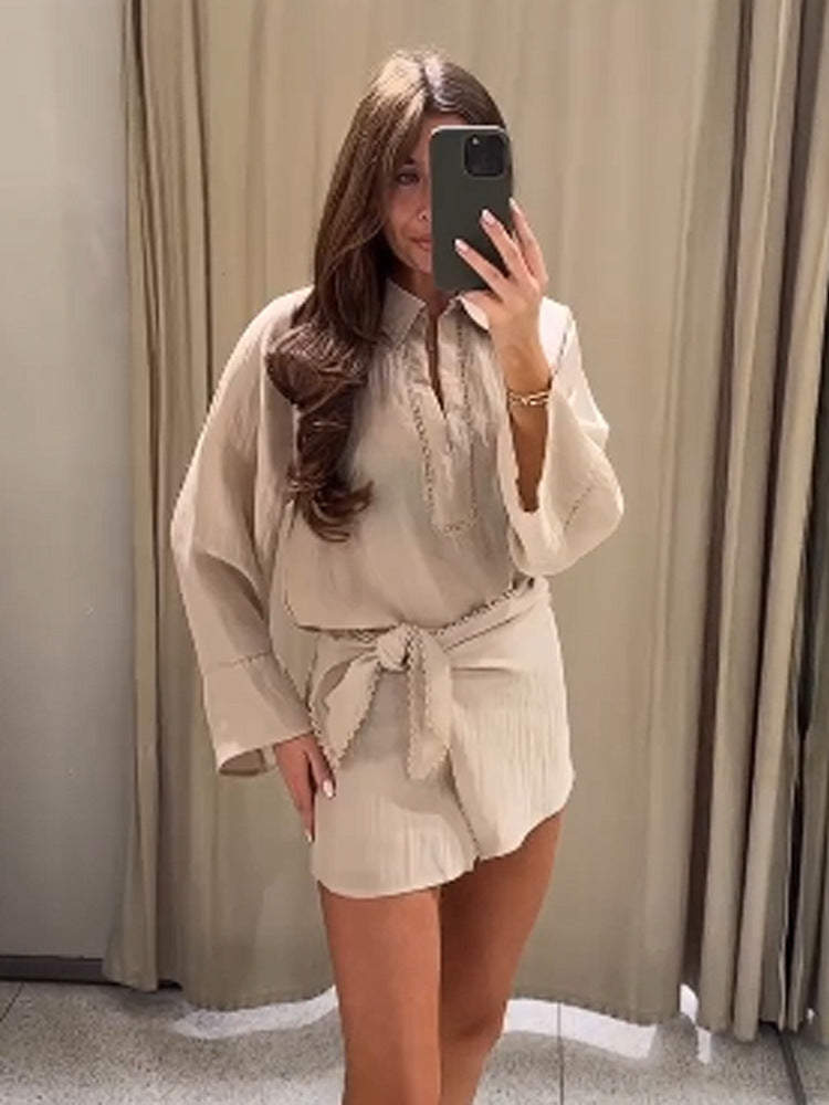 Ladies Lightweight Crinkle Two-Piece with Oversized Shirt and Wrap Mini Skirt Mune Fashion