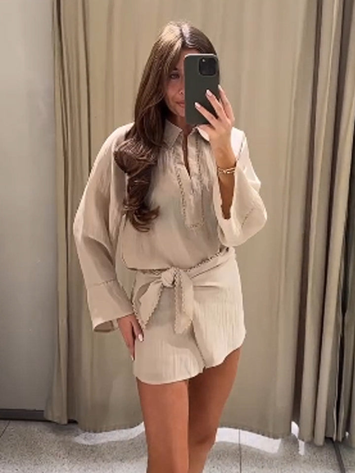 Ladies Lightweight Crinkle Two-Piece with Oversized Shirt and Wrap Mini Skirt Mune Fashion