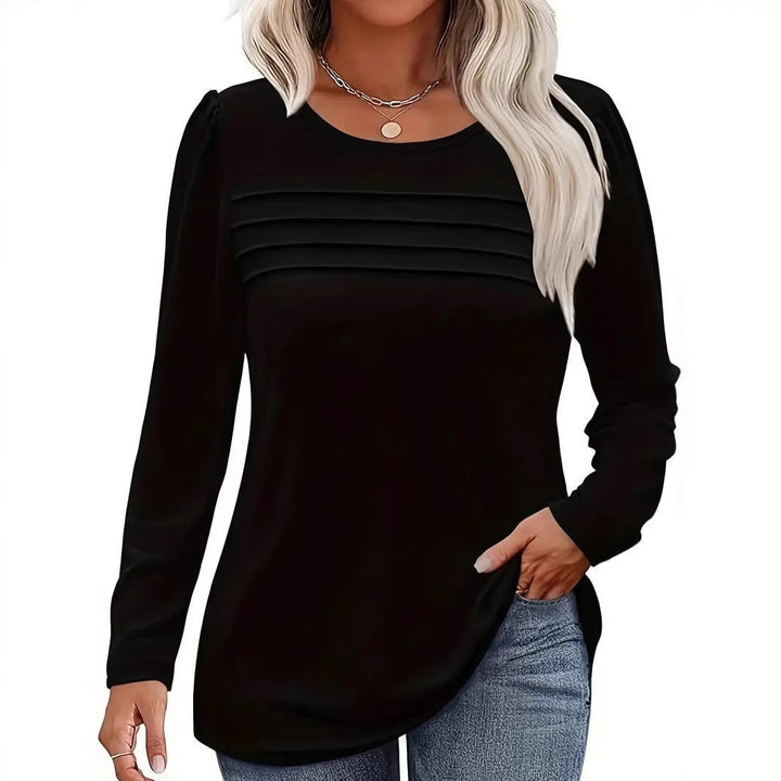 Women Fine Long Sleeve Shirt with Round Neck, Decorative Darts and Slightly Fitted A-Line Mune Fashion