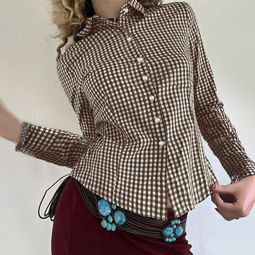Women's tailored check blouse with collar, continuous button placket and curved hem Mune Fashion