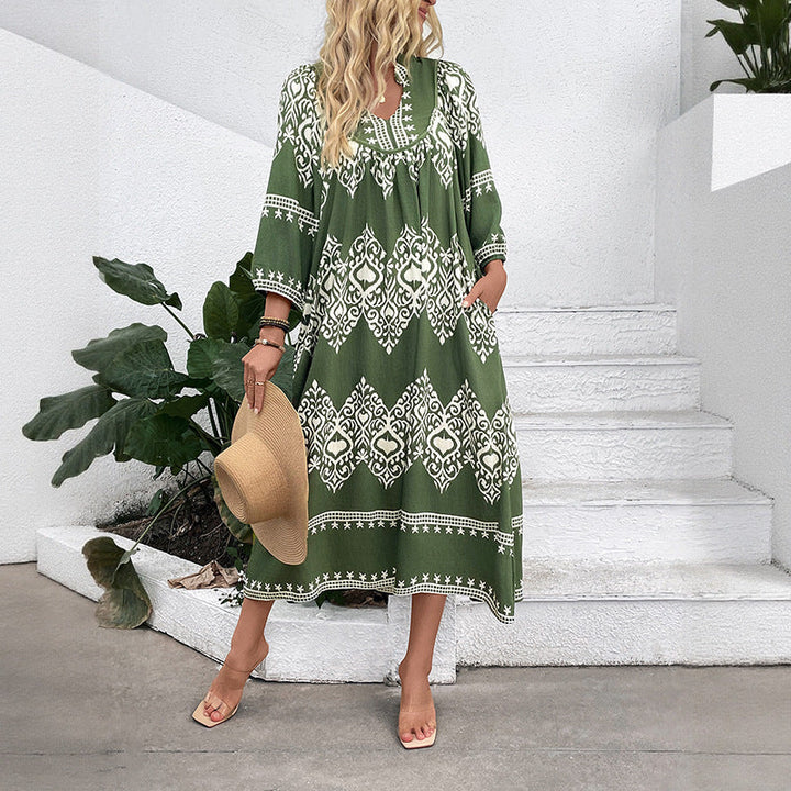 Women's Long Boho Maxi Dress with Loose A-Line, U-Neck and Patch Pockets Mune Fashion