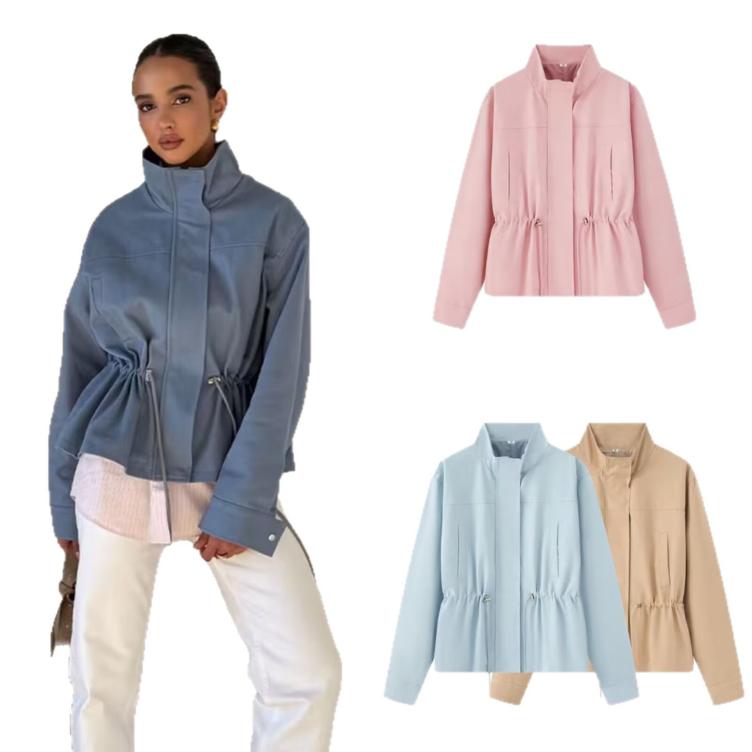 Women Lightweight Transition Jacket with Drawstring Waist and Stand-Up Collar Mune Fashion