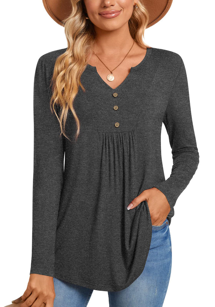 Women's Long Sleeve V-Neck Tunic with Button Placket, Gathering, and Side Pocket Mune Fashion