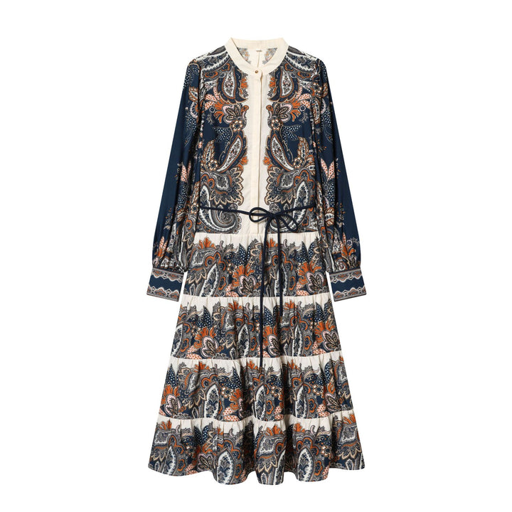 Women’s flowing maxi dress with paisley pattern, waist drawstring, stand-up collar and tiered skirt Mune Fashion