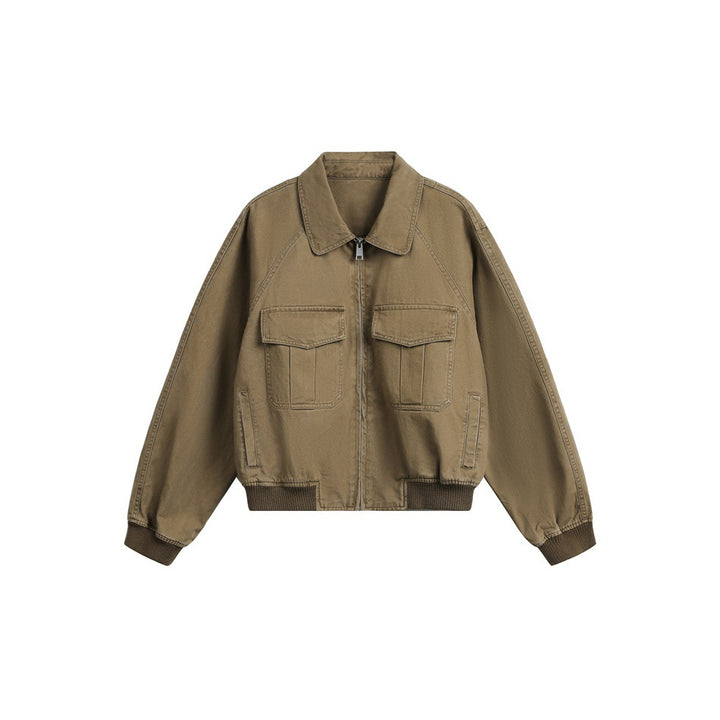 Women's cropped boxy bomber jacket made of cotton blend with flap pockets and full-length zipper Mune Fashion