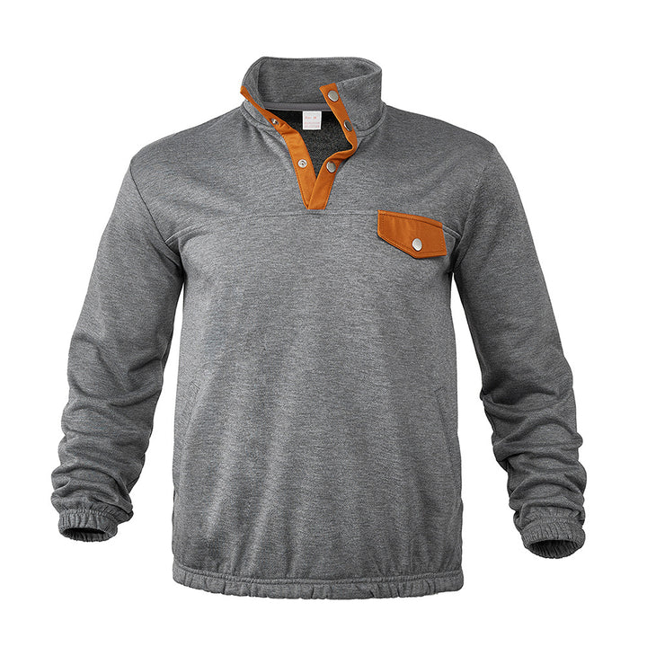 Men's Stand Collar Henley Sweatshirt with Snap Placket and Patch Chest Pocket Mune Fashion
