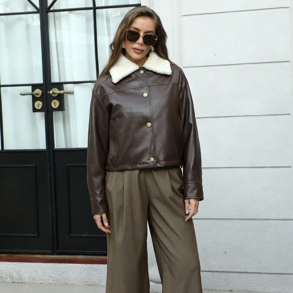 Ladies Short Cut Faux Leather Jacket with Teddy Collar and Snap Buttons Mune Fashion
