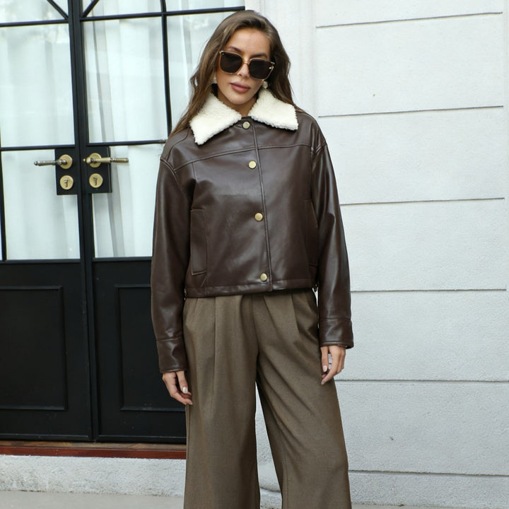 Ladies Short Cut Faux Leather Jacket with Teddy Collar and Snap Buttons Mune Fashion