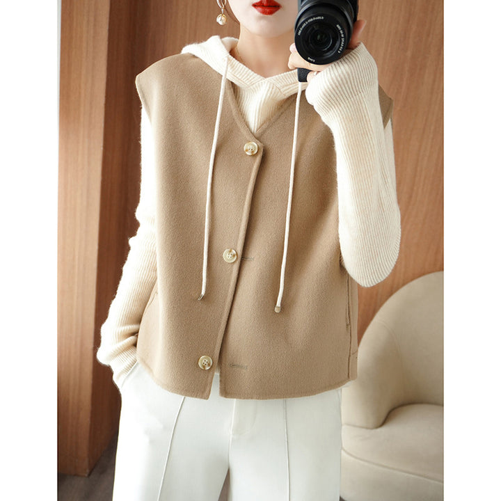 Women’s Layering Knit Jacket with Hood and Sleeveless Wool Blend Vest Mune Fashion