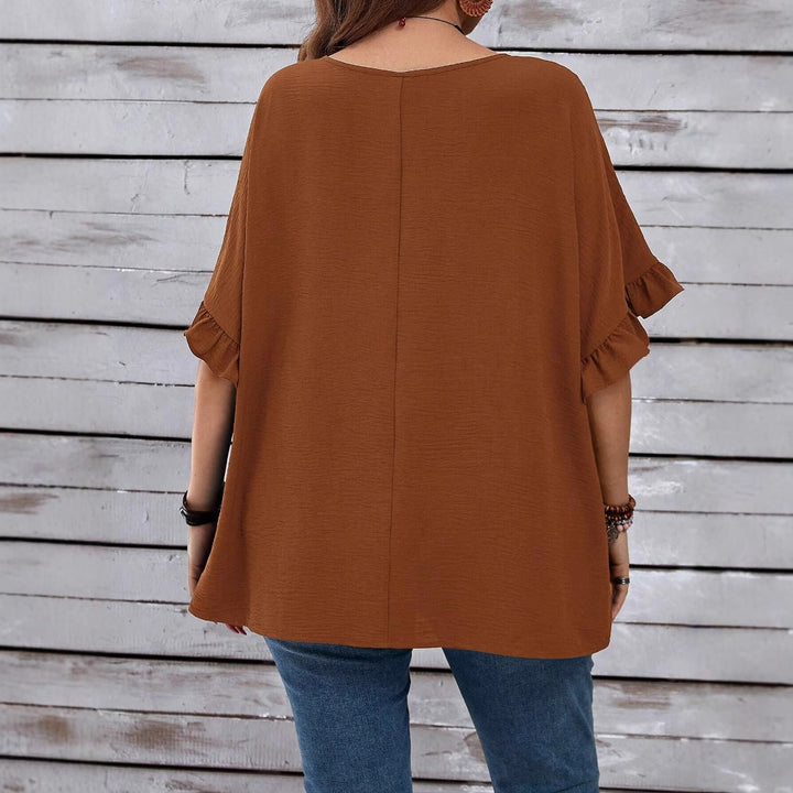 Women's Casual V-Neck Tunic with Gathered Empire Seam and Ruffle Sleeves Mune Fashion