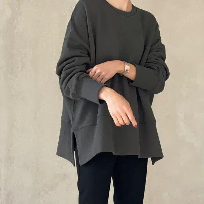 Women Boxy Sweatshirt with extended hem band, side slits, and raglan sleeves Mune Fashion