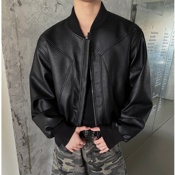 Men's bomber jacket made of faux leather with textured surface and ribbed cuffs Mune Fashion
