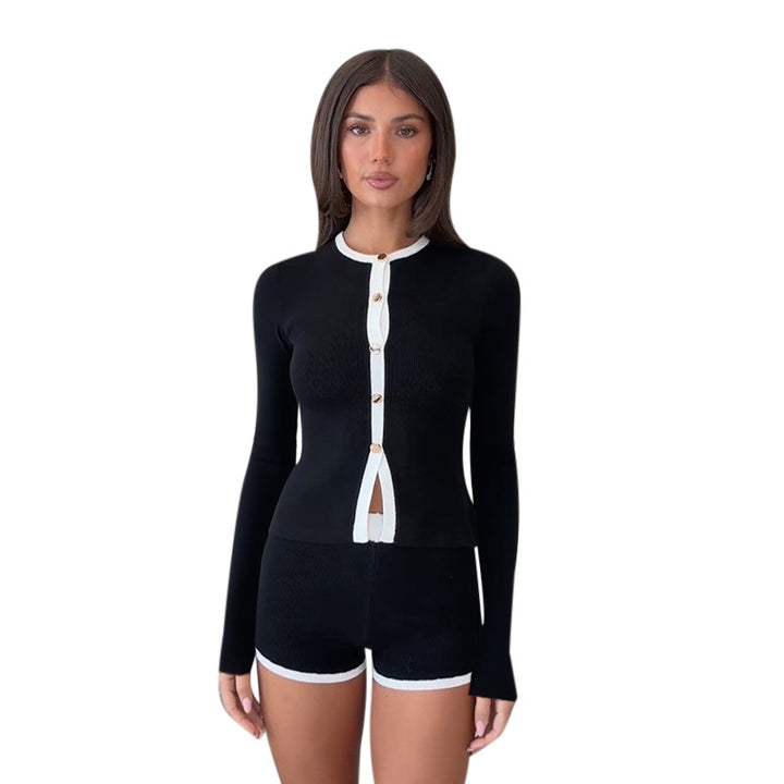 Women’s Short Ribbed Knit Set with Button Cardigan and High-Waist Shorts Mune Fashion