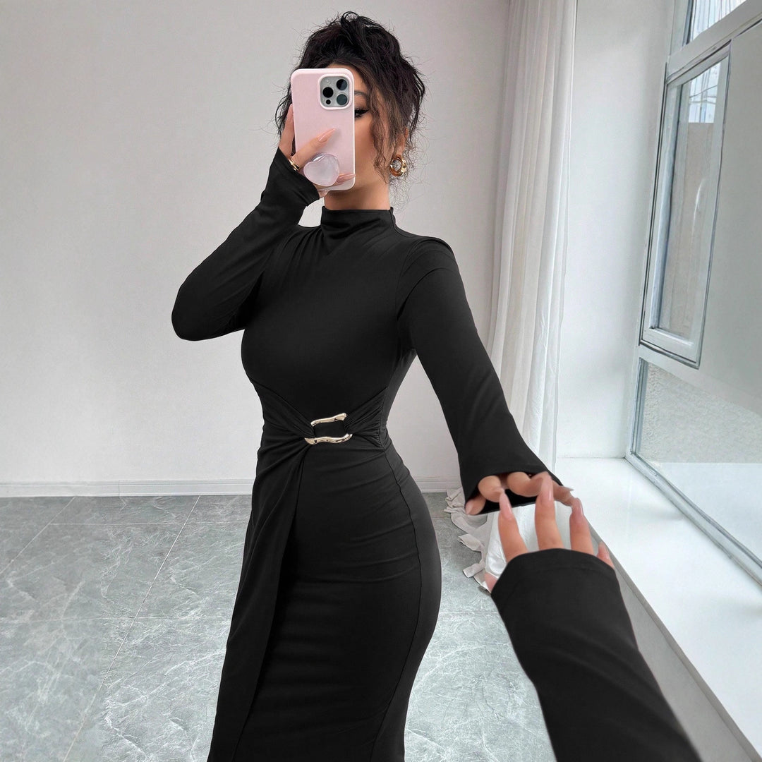 Ladies' figure-hugging midi dress with stand-up collar, waist gathering, and asymmetrical hem Mune Fashion