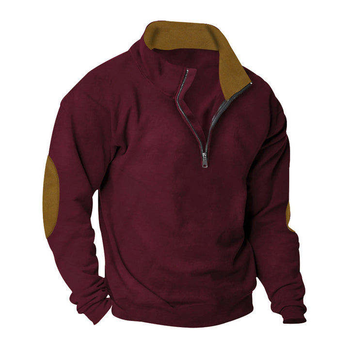 Men's Half-Zip Sweatshirt with Stand-Up Collar, Contrast Collar Lining and Elbow Patches Mune Fashion