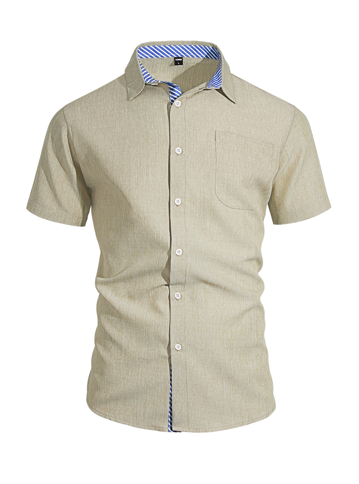 Men's Business Casual Short Sleeve Shirt with Striped Collar Lining and Chest Pocket Mune Fashion