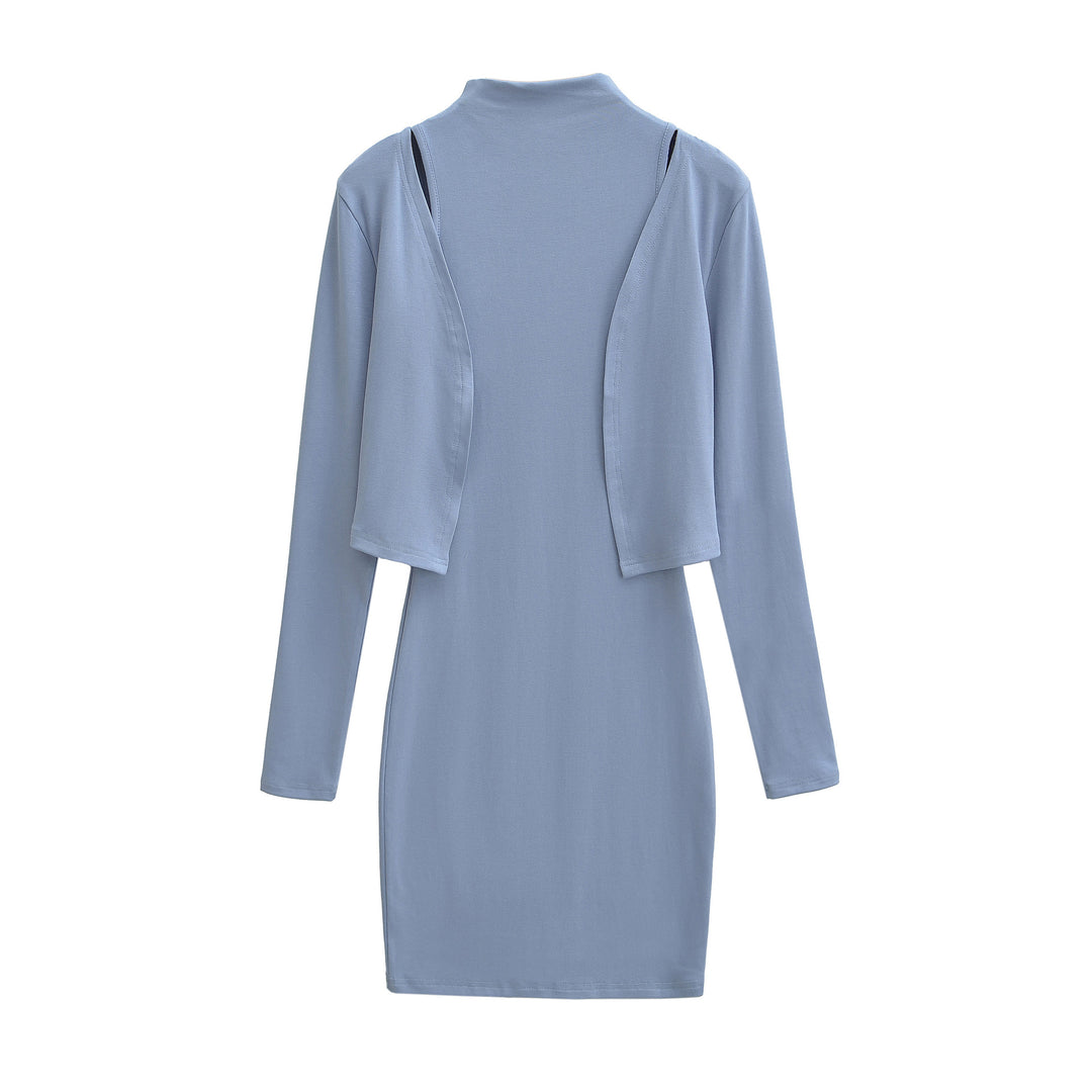 Ladies Figured Close-Fitting Midi Dress with Integrated Bolero and Stand-Up Collar Mune Fashion