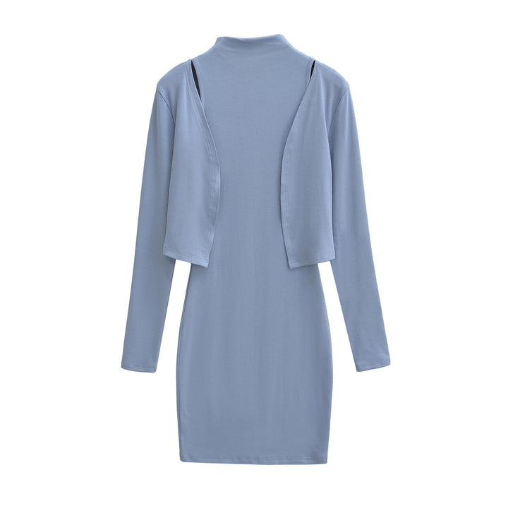 Ladies Figured Close-Fitting Midi Dress with Integrated Bolero and Stand-Up Collar Mune Fashion