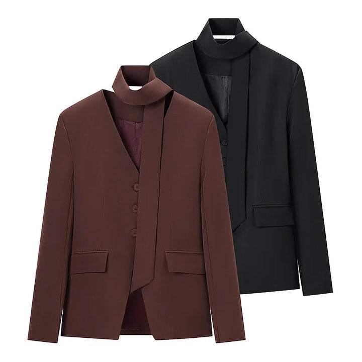 Women's tailored blazer with shawl collar bow and V-neck Mune Fashion