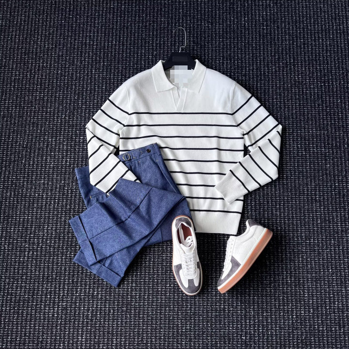 Men's Fashionable Knit Sweater with V-Neck and Stripes Mune Fashion