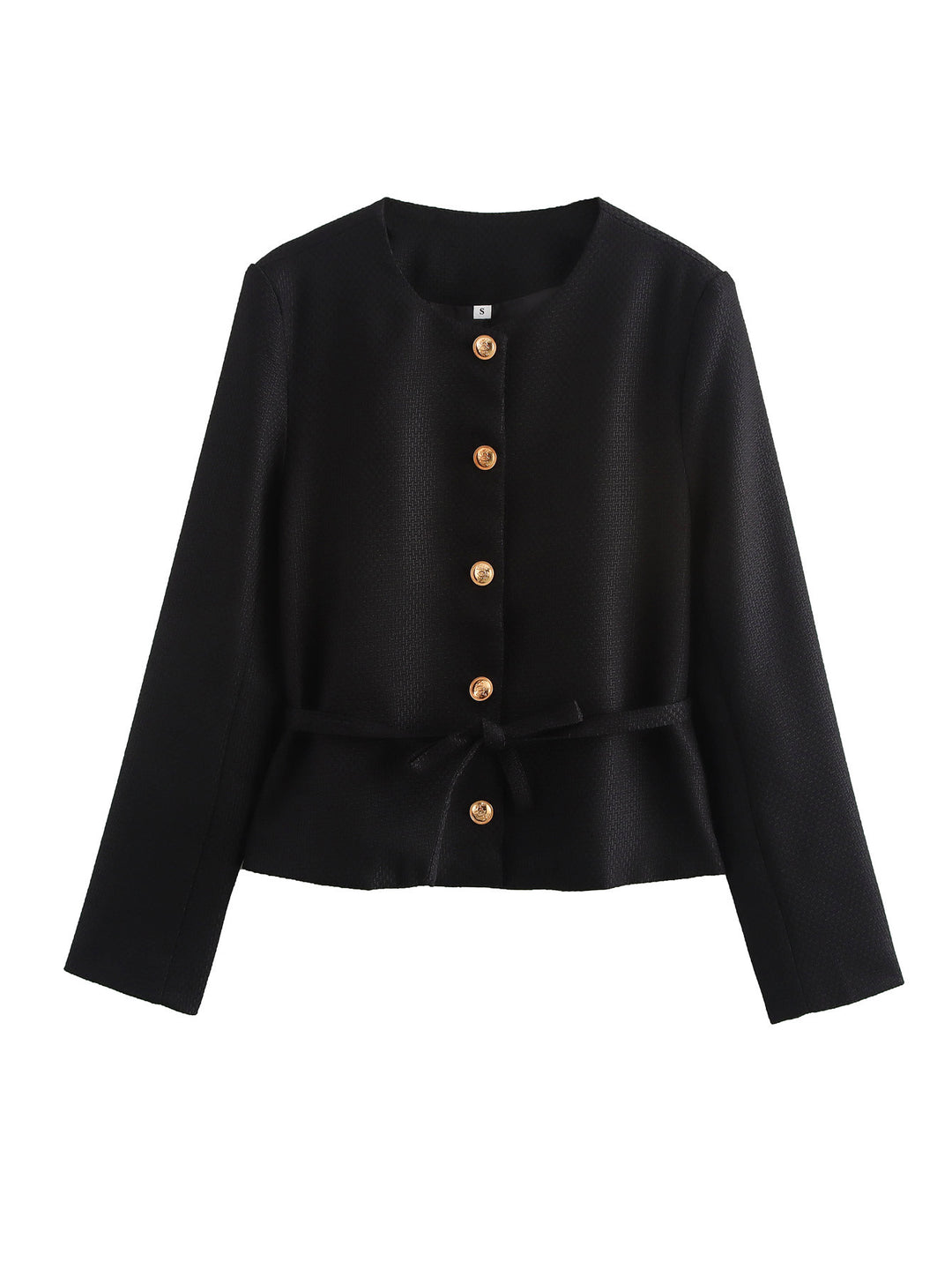 Women's structured short jacket with round neckline, wooden button placket, and tailored tie belt Mune Fashion