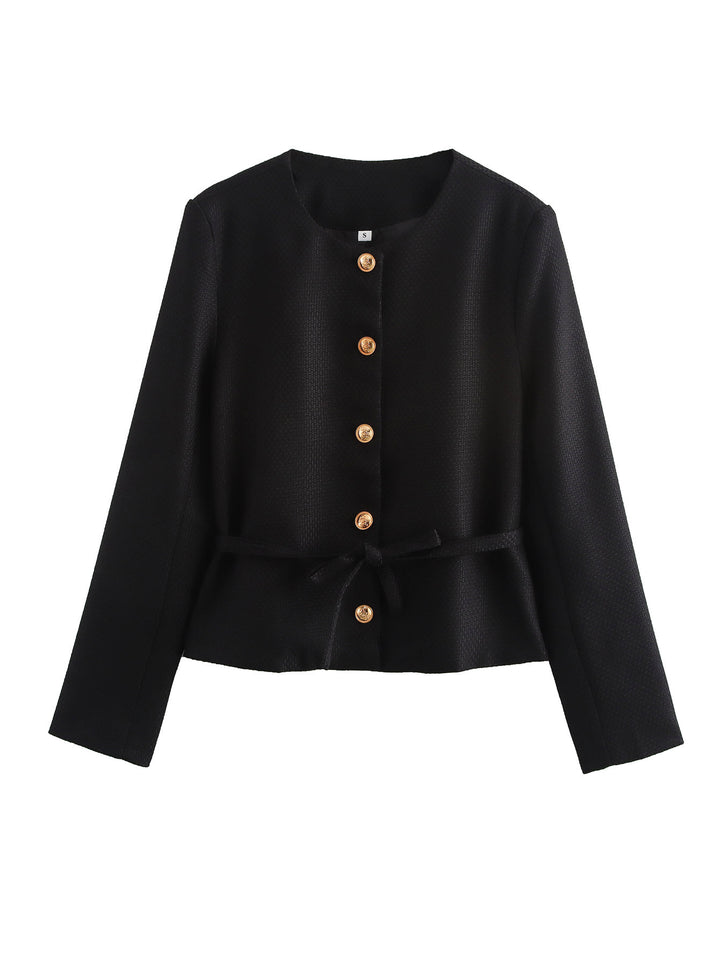 Women's structured short jacket with round neckline, wooden button placket, and tailored tie belt Mune Fashion