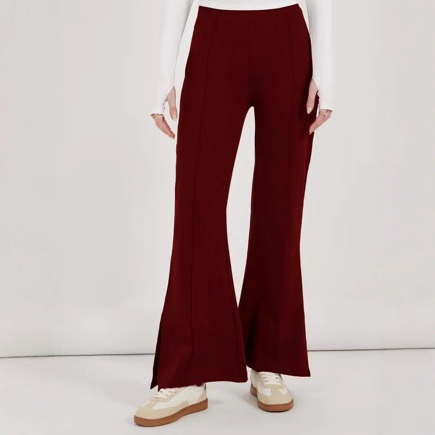 Women’s flared pants with high waist, continuous crease and side hem slit Drune