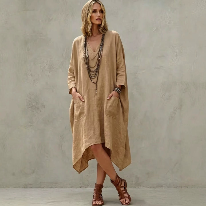 Women's Oversize Kaftan Dress with V-Neck, Side Pockets and Asymmetrical Hem Mune Fashion