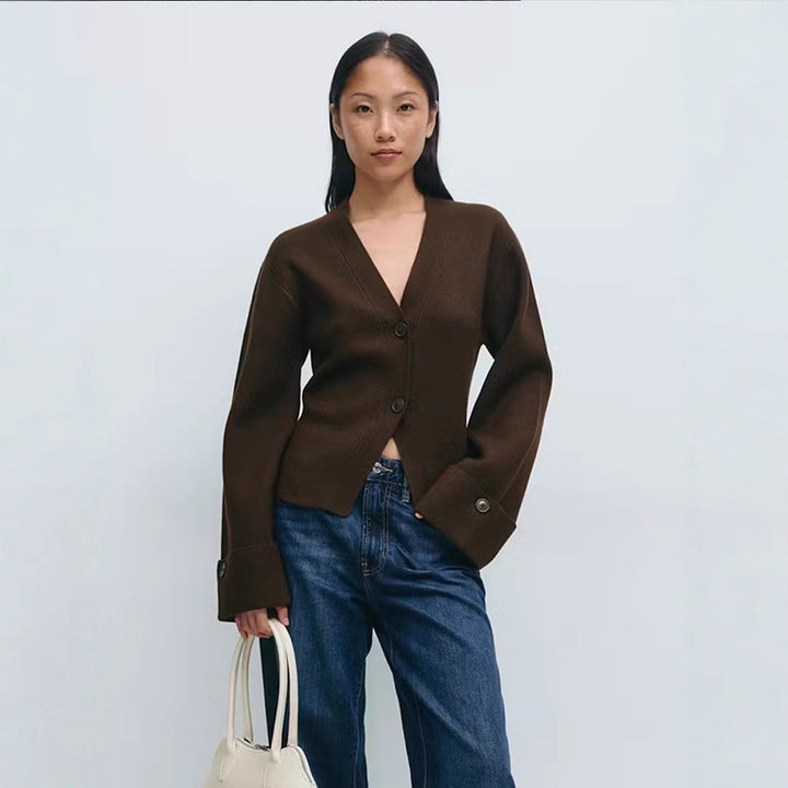 Women's Tailored Fine Knit Jacket with Deep V-Neck and Wide Cuffs Mune Fashion