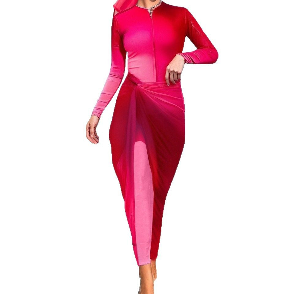 Women's stylish long sleeve swimsuit with wrap skirt Mune Fashion