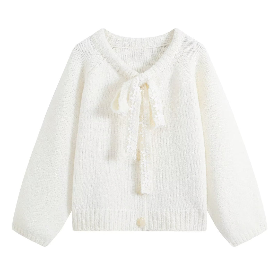 Women Fluffy Cardigan with Lace Ribbon Ties Mune Fashion