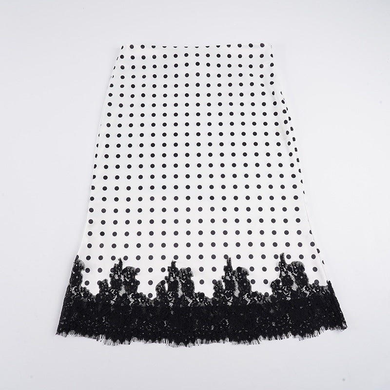 Women's Tailored A-Line Midi Skirt with Polka Dot Print and Lace Trim Mune Fashion