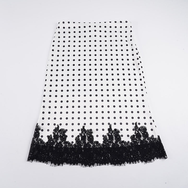 Women's Tailored A-Line Midi Skirt with Polka Dot Print and Lace Trim Mune Fashion